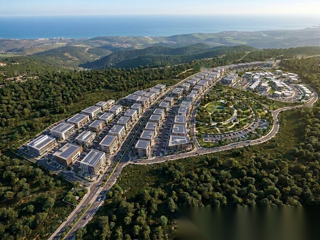 הדמיה אווירית של פארק תעשייה גליל SMART בגליל המערבי, ע״ש אריאל שרון - מבט על המבנים, הציר הירוק והנוף ההררי עם מבט לים